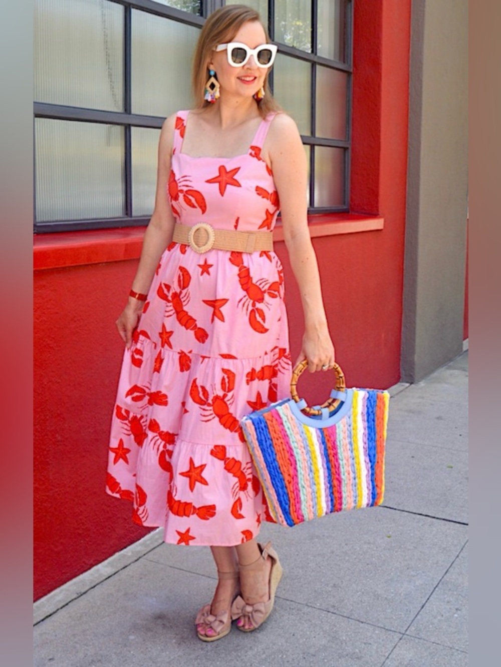 J. Crew Pink Midi Tiered Dress with Red Lobster & Starfish Print
